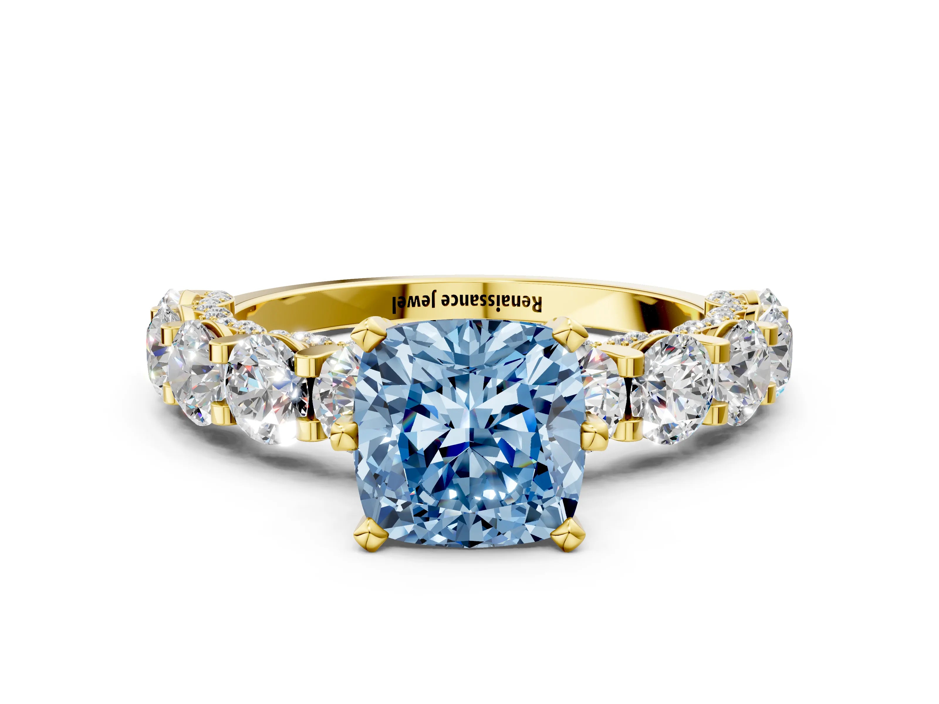 Yellow gold Fancy Blue Cushion Cut Diamond Side Stone Engagement Ring with Four-Prong Setting_24
