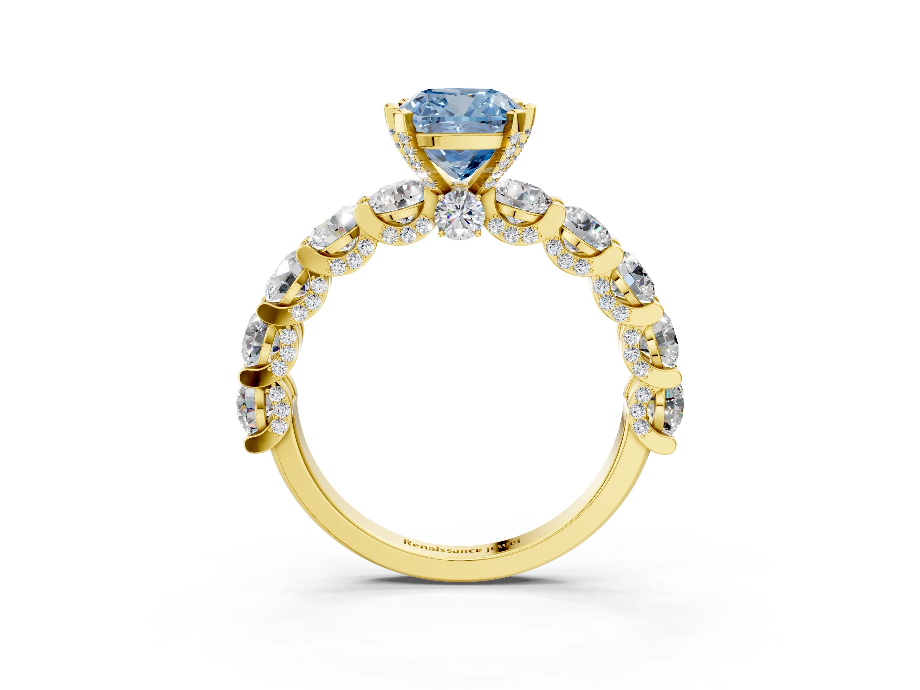 Yellow gold Fancy Blue Cushion Cut Diamond Side Stone Engagement Ring with Four-Prong Setting_27