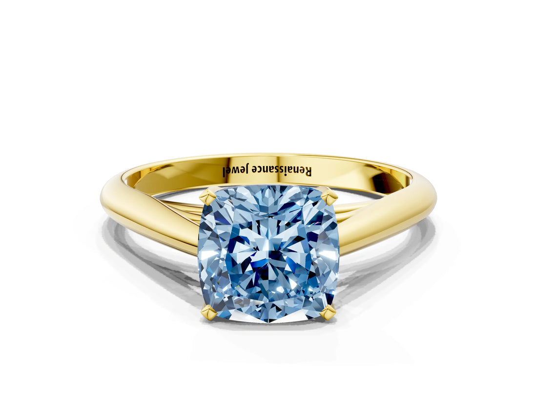 Yellow gold Fancy Blue Cushion Cut Diamond Solitaire Engagement Ring with Cathedral Setting and Four-Prong Mount_96