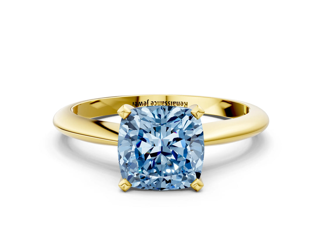 Yellow gold Fancy Blue Cushion Cut Diamond Solitaire Engagement Ring with Classic Band and Four-Prong Setting_103