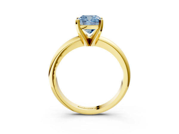 Yellow gold Fancy Blue Cushion Cut Diamond Solitaire Engagement Ring with Round Band and Four-Prong Setting