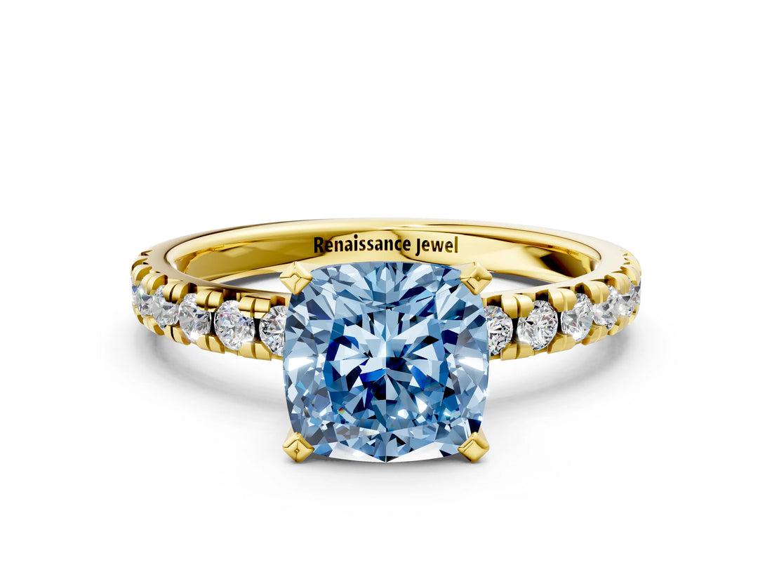 Yellow gold Fancy Blue Cushion Cut Diamond Solitaire Pavé Engagement Ring with Round Band and Prong Setting_56