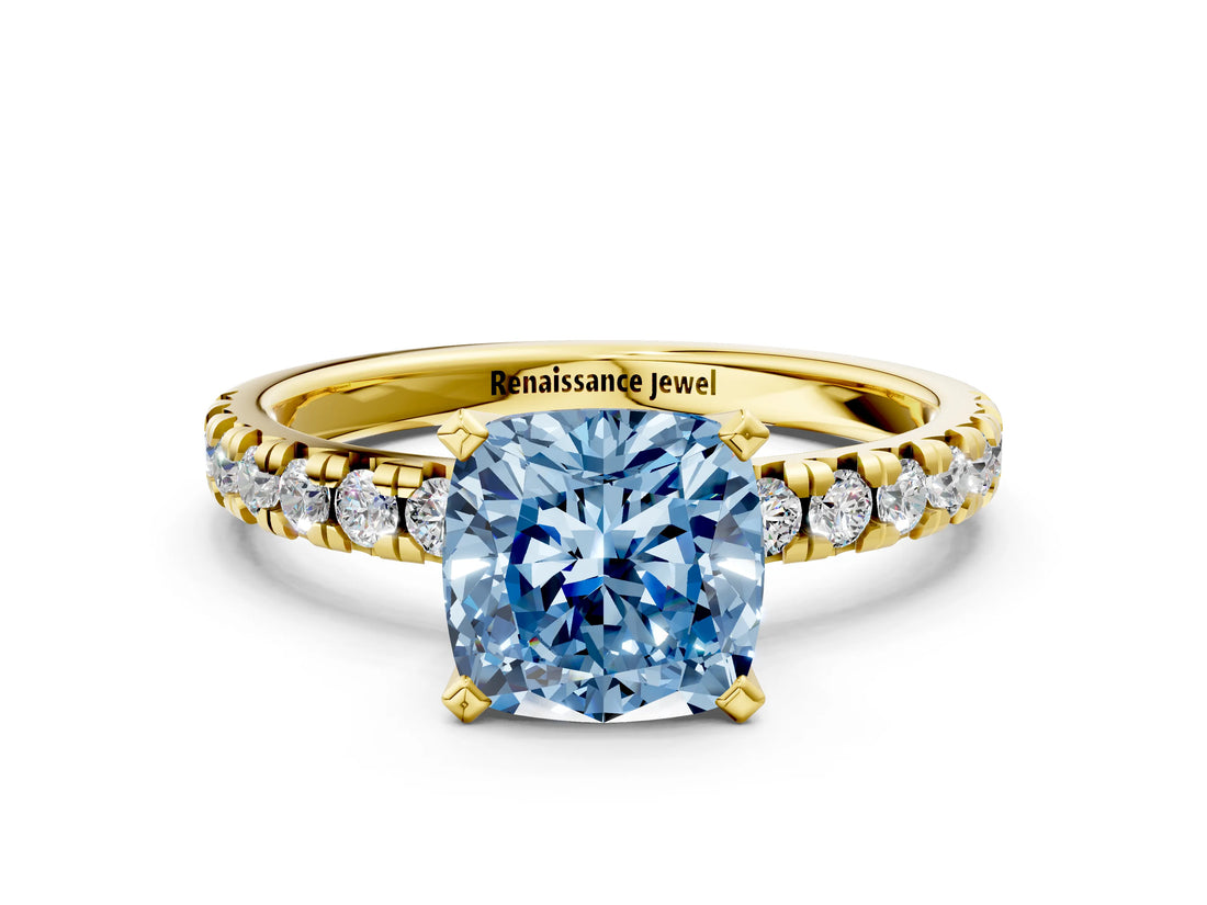 Yellow gold Fancy Blue Cushion Cut Diamond Solitaire Pavé Engagement Ring with Round Band and Prong Setting_74