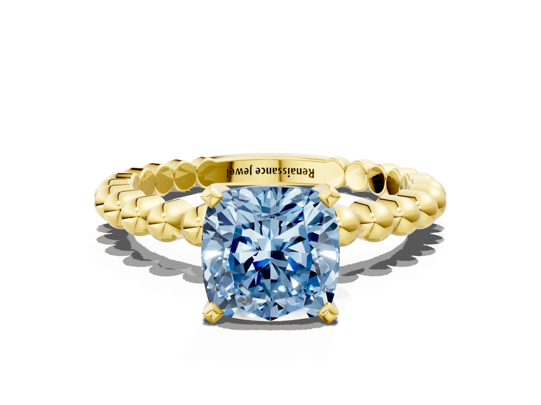 Yellow gold Fancy Blue Cushion Cut Diamond Solitaire Ring with Beaded Band and Prong Setting_296