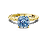 Yellow gold Fancy Blue Cushion Cut Diamond Solitaire Ring with Beaded Band and Prong Setting_296
