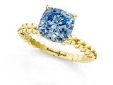 Yellow gold Fancy Blue Cushion Cut Diamond Solitaire Ring with Beaded Band and Prong Setting_297