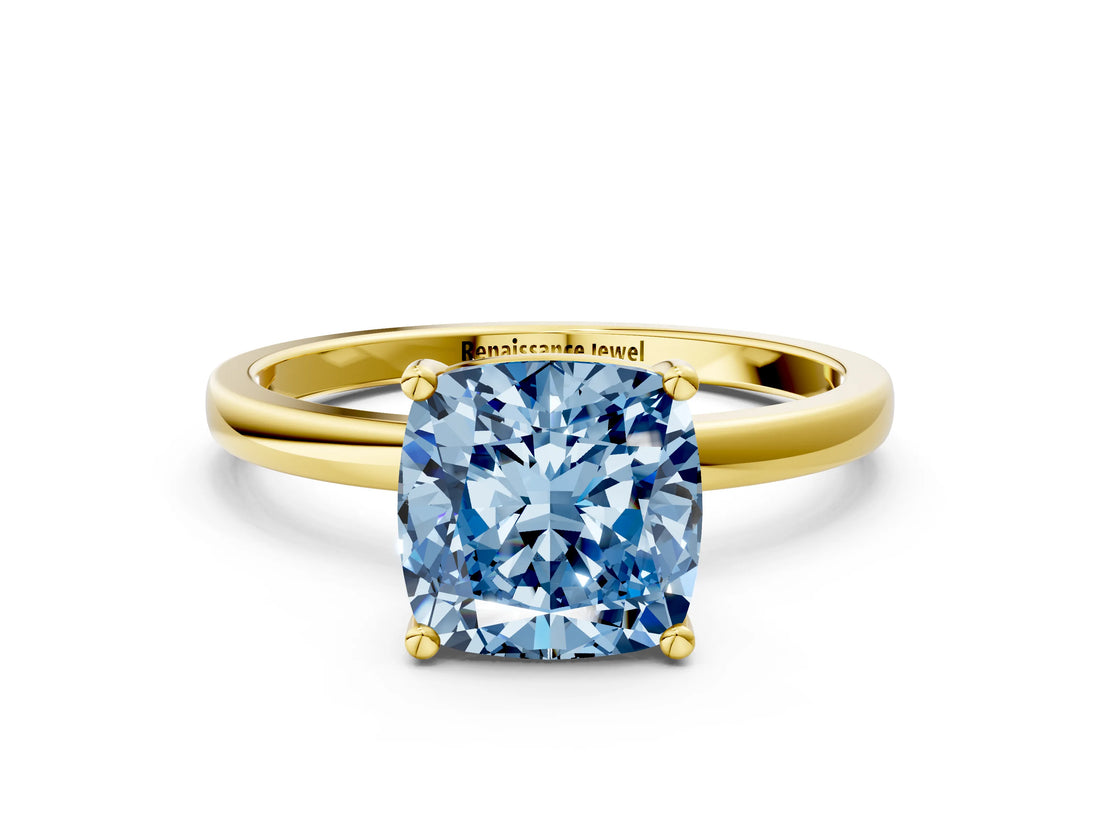 Yellow gold Fancy Blue Cushion Cut Diamond Solitaire Ring with Classic Band and Four-Prong Setting