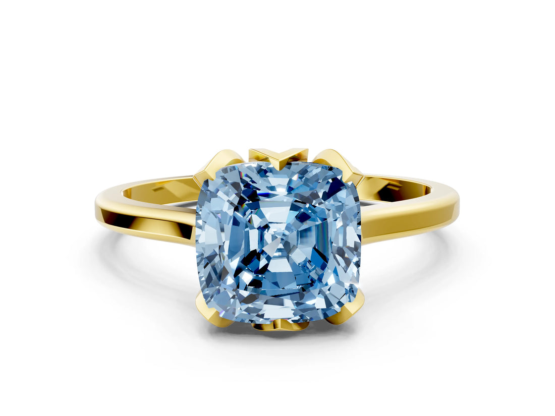 Yellow gold Fancy Blue Cushion Cut Diamond Solitaire Ring with Flower Prong Setting and Classic Band_36