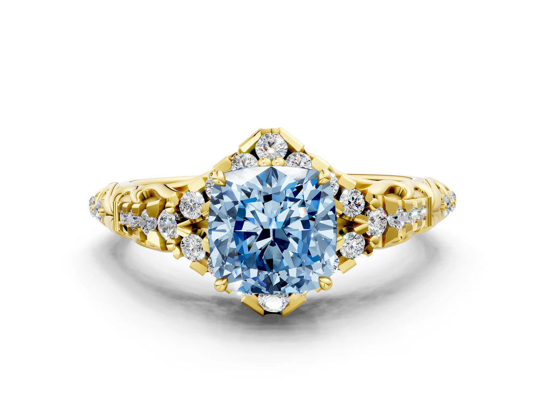 Yellow gold Fancy Blue Cushion Cut Diamond Solitaire Ring with Hidden Halo and Pavé Band_27