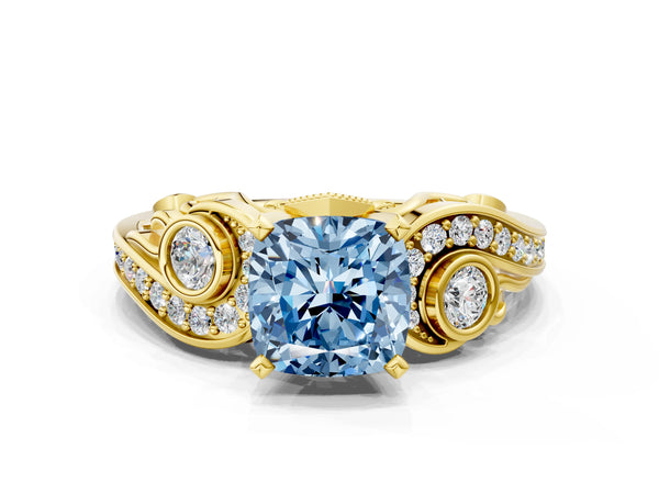 Yellow gold Fancy Blue Cushion Cut Diamond Solitaire Ring with Milgrain Pavé Band and Four-Prong Setting