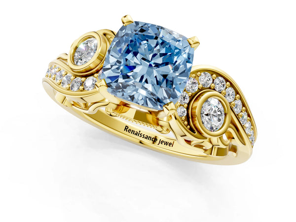 Yellow gold Fancy Blue Cushion Cut Diamond Solitaire Ring with Milgrain Pavé Band and Four-Prong Setting