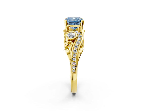 Yellow gold Fancy Blue Cushion Cut Diamond Solitaire Ring with Milgrain Pavé Band and Four-Prong Setting