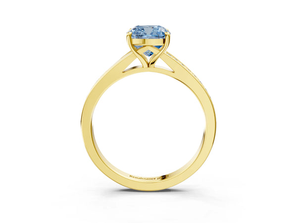 Yellow Gold Cushion Cut Pave Solitaire Engagement Ring Setting for Fancy Blue Center with Sweeping Shoulders