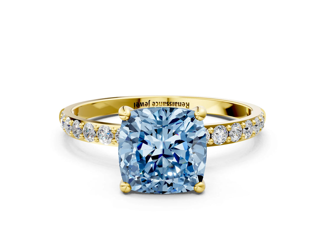 Yellow gold Fancy Blue Cushion Cut Diamond Solitaire Ring with Pave Band and Four Prong Setting_90