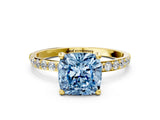 Yellow gold Fancy Blue Cushion Cut Diamond Solitaire Ring with Pave Band and Four Prong Setting_90
