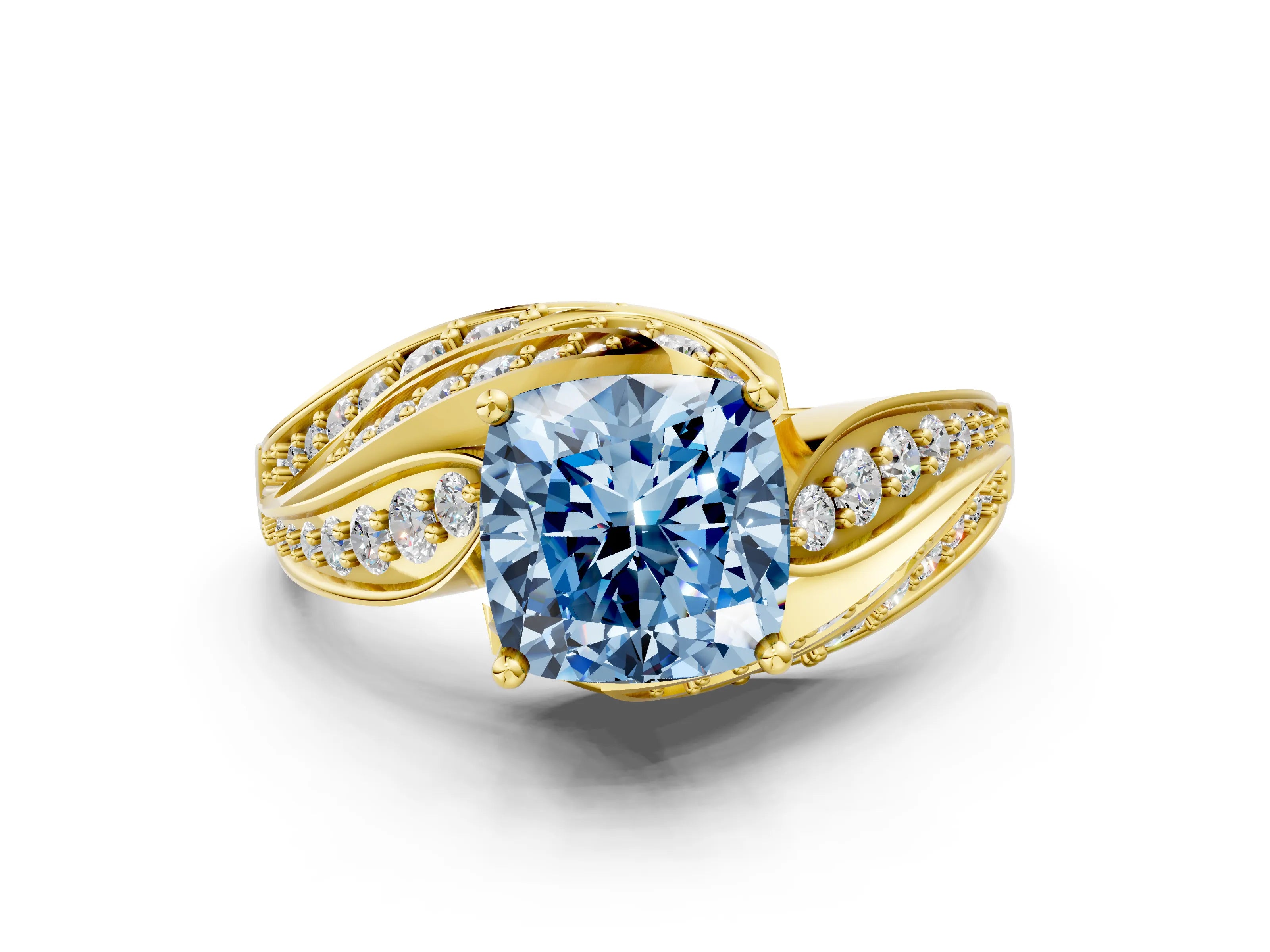 Yellow gold Fancy Blue Cushion Cut Diamond Solitaire Ring with Prong Setting and Twisted Pavé Band