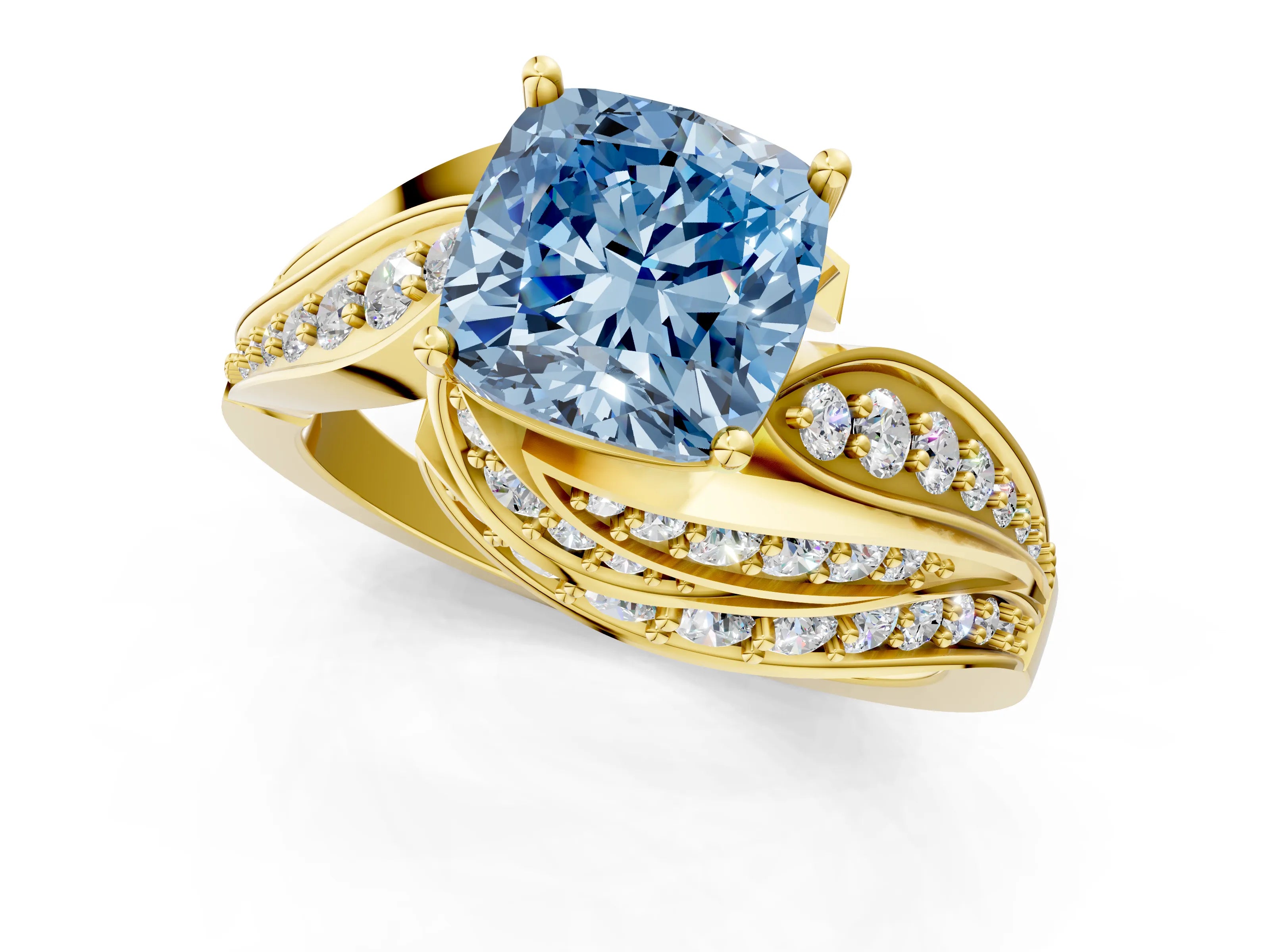 Yellow gold Fancy Blue Cushion Cut Diamond Solitaire Ring with Prong Setting and Twisted Pavé Band_1