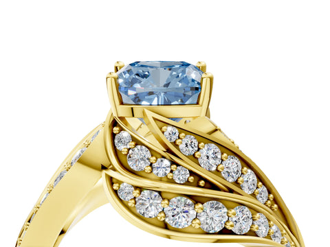 Yellow gold Fancy Blue Cushion Cut Diamond Solitaire Ring with Prong Setting and Twisted Pavé Band_4