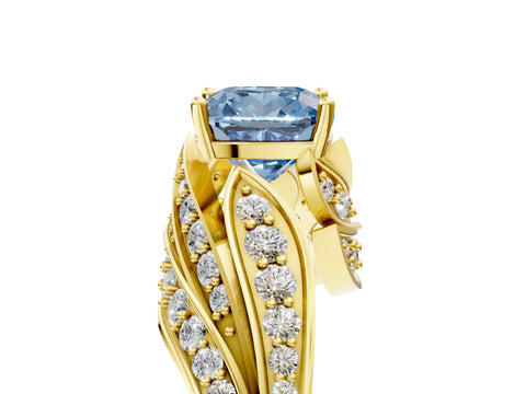 Yellow gold Fancy Blue Cushion Cut Diamond Solitaire Ring with Prong Setting and Twisted Pavé Band_5