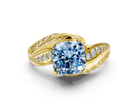 Yellow gold Fancy Blue Cushion Cut Diamond Solitaire Ring with Prong Setting and Twisted Pavé Band