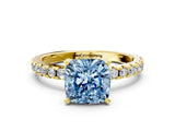 Yellow gold Fancy Blue Cushion Cut Diamond Solitaire Ring with Round  Pavé Band and Four-Prong Setting_36