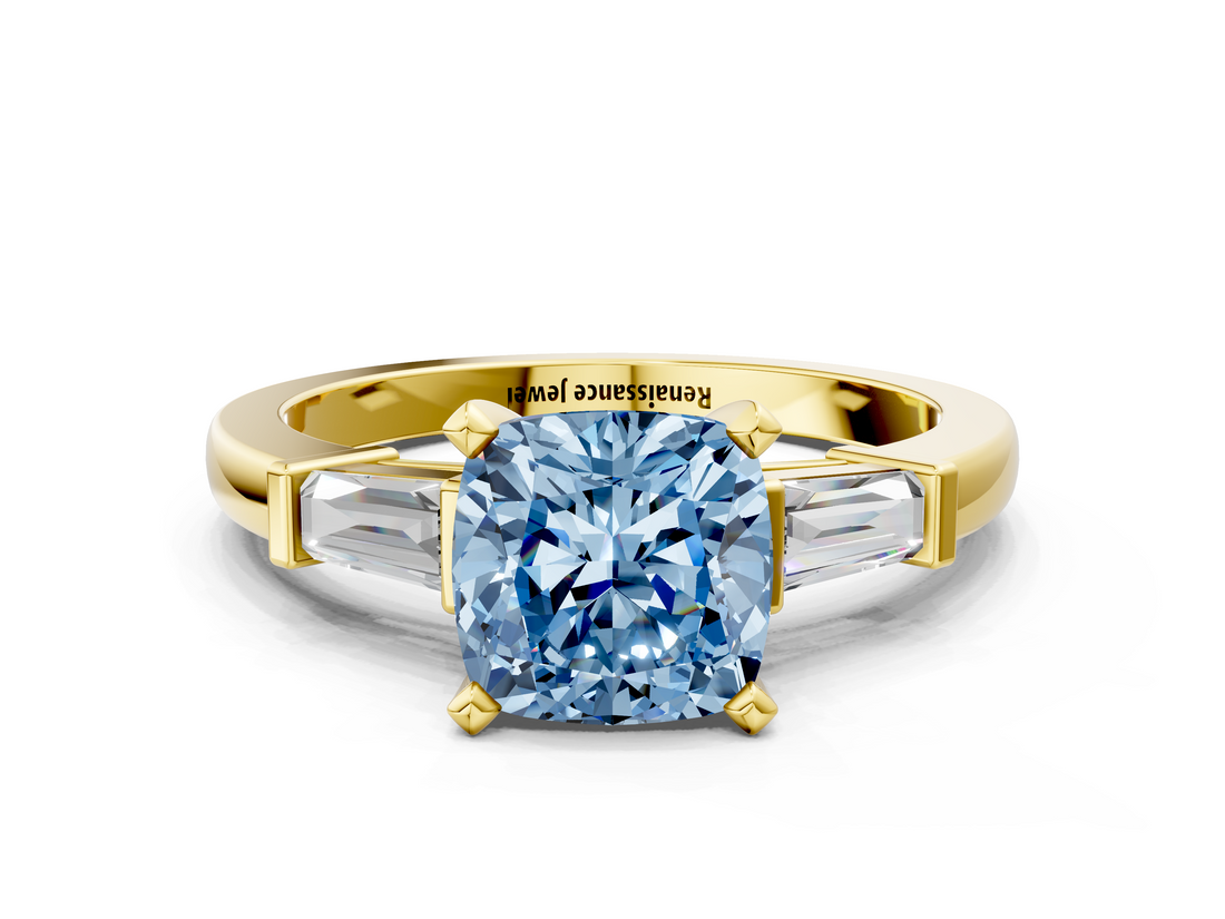 Yellow gold Fancy Blue Cushion  Cut Diamond Solitaire Ring with Tapered Baguette Accents and Four-Prong Setting_76