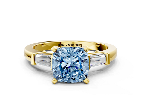Yellow gold Fancy Blue Cushion  Cut Diamond Solitaire Ring with Tapered Baguette Accents and Four-Prong Setting