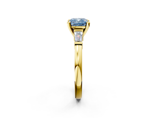 Yellow gold Fancy Blue Cushion  Cut Diamond Solitaire Ring with Tapered Baguette Accents and Four-Prong Setting