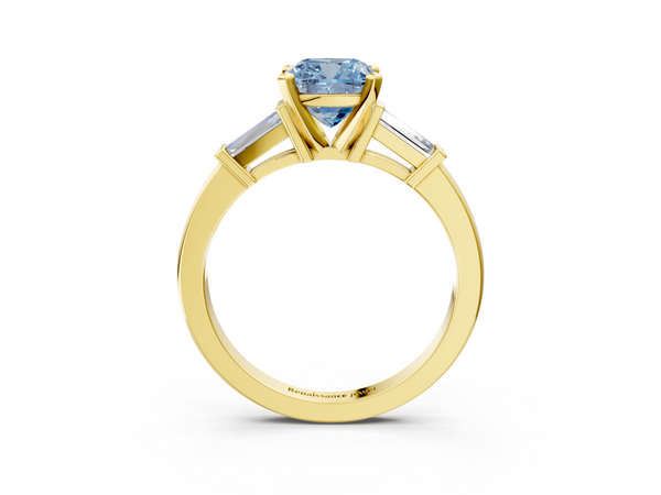Yellow gold Fancy Blue Cushion  Cut Diamond Solitaire Ring with Tapered Baguette Accents and Four-Prong Setting