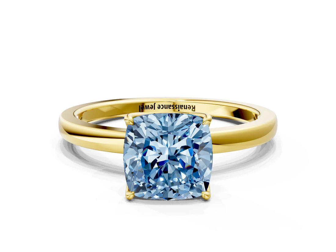 Yellow gold Fancy Blue Cushion Cut Diamond Solitaire Ring with Thin Band and Prong Setting_24