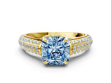 Yellow gold Fancy Blue Cushion Cut Diamond Solitaire Ring with Three-Row Pavé Band and Four-Prong Setting_37