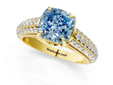 Yellow gold Fancy Blue Cushion Cut Diamond Solitaire Ring with Three-Row Pavé Band and Four-Prong Setting_38