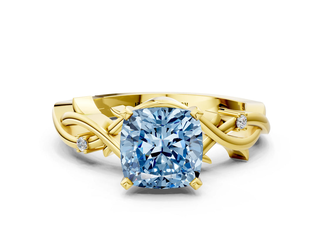 Yellow gold Fancy Blue Cushion Cut Diamond Solitaire Ring with Twisted Band and Prong Setting_130