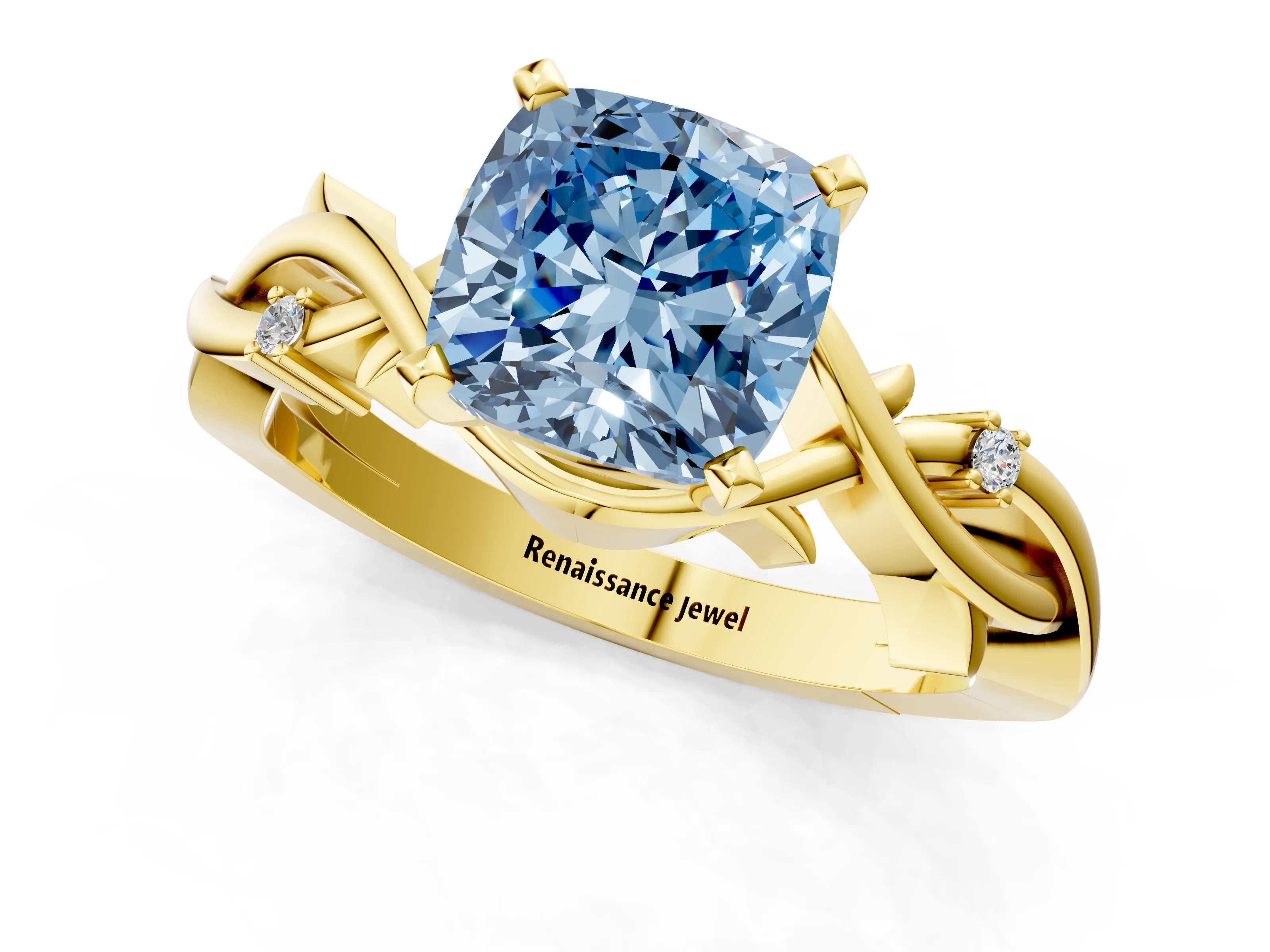 Yellow gold Fancy Blue Cushion Cut Diamond Solitaire Ring with Twisted Band and Prong Setting_131