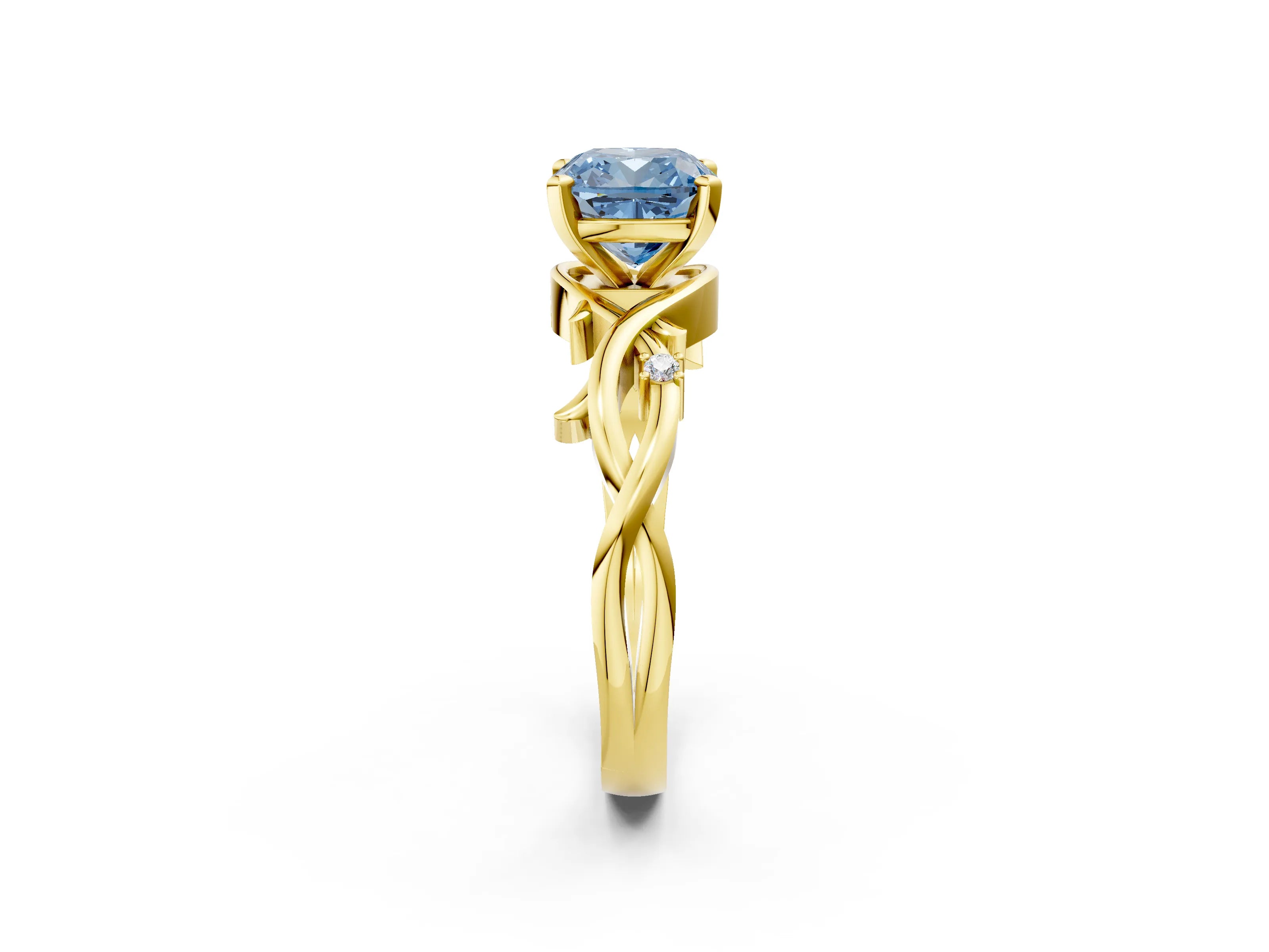 Yellow gold Fancy Blue Cushion Cut Diamond Solitaire Ring with Twisted Band and Prong Setting_132