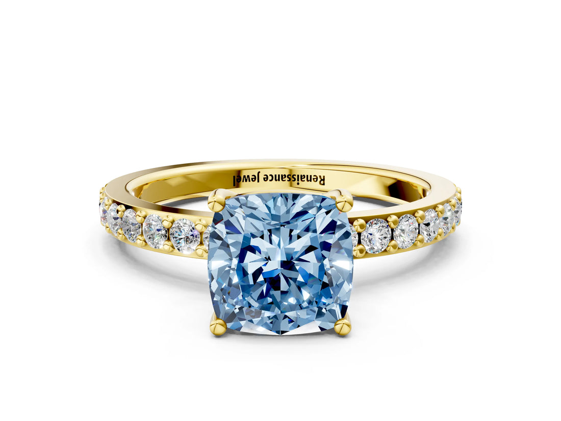 Yellow gold Fancy Blue Cushion  Cut Diamond Solitaire with Pave Band and Four-Prong Setting