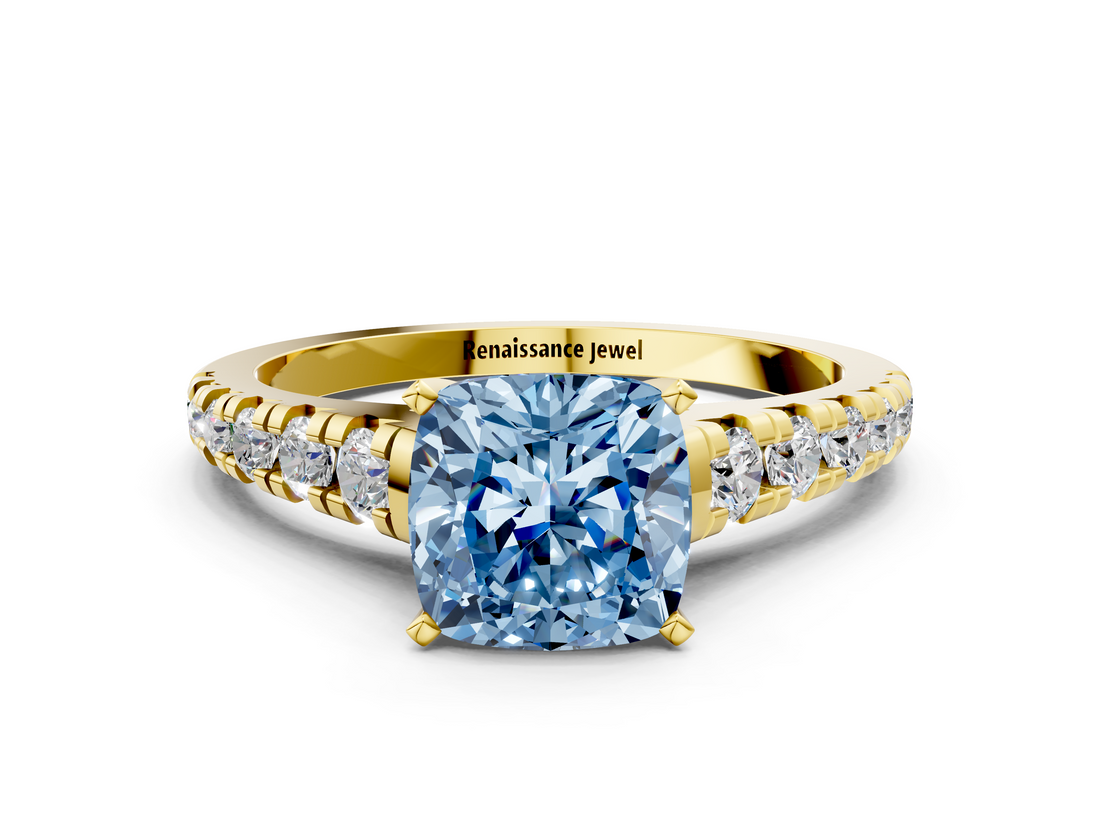 Yellow gold Fancy Blue Cushion  Cut Diamond Solitaire with Pave Band and Four-Prong Setting_156