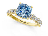Yellow gold Fancy Blue Cushion Cut Diamond Solitaire with Side Stones, Pave Band, Four-Prong Setting_114