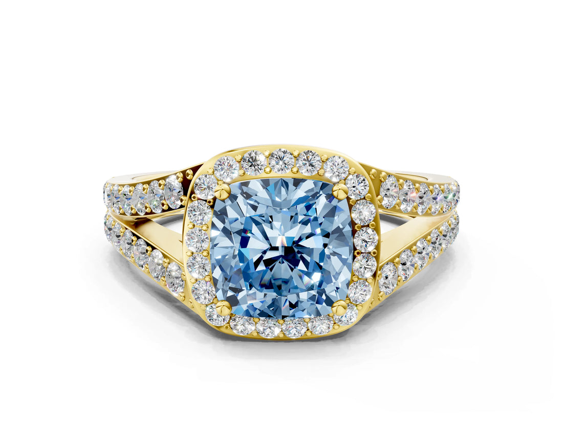 Yellow gold Fancy Blue Cushion Cut Diamond Split Shank Halo Ring with Four-Prong Setting_65