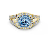 Yellow gold Fancy Blue Cushion Cut Diamond Split Shank Halo Ring with Four-Prong Setting_65