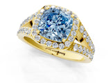 Yellow gold Fancy Blue Cushion Cut Diamond Split Shank Halo Ring with Four-Prong Setting_66