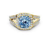 Yellow gold Fancy Blue Cushion Cut Diamond Split Shank Halo Ring with Four-Prong Setting_77
