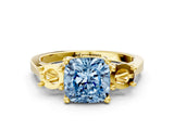 Yellow gold Fancy Blue Cushion Cut Diamond Three-Stone Engagement Ring with Prong Setting and Pavé Band
