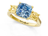Yellow gold Fancy Blue Cushion Cut Diamond Three-Stone Engagement Ring with Prong Setting and Pavé Band_1