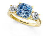 Yellow gold Fancy Blue Cushion Cut Diamond Three-Stone Engagement Ring with Prong Setting and Pavé Band_13