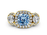 Yellow gold Fancy Blue Cushion Cut Diamond Three-Stone Halo Ring with Prong Setting and Pavé Accents