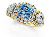 Yellow gold Fancy Blue Cushion Cut Diamond Three-Stone Halo Ring with Prong Setting and Pavé Accents_1