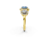Yellow gold Fancy Blue Cushion Cut Diamond Three-Stone Halo Ring with Prong Setting and Pavé Accents_2