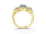 Yellow gold Fancy Blue Cushion Cut Diamond Three-Stone Halo Ring with Prong Setting and Pavé Accents_3