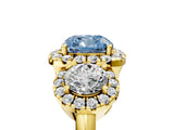 Yellow gold Fancy Blue Cushion Cut Diamond Three-Stone Halo Ring with Prong Setting and Pavé Accents_5